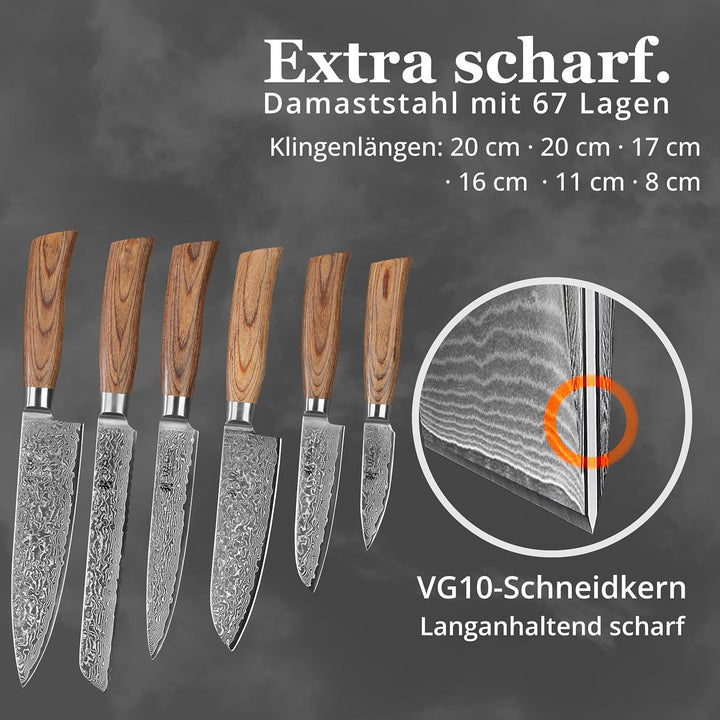 Wakoli Edib Pro 6er Damastmesser-Set mit Klingen von 8,5 - 19,70 cm Länge extrem scharf aus 67 Lagen