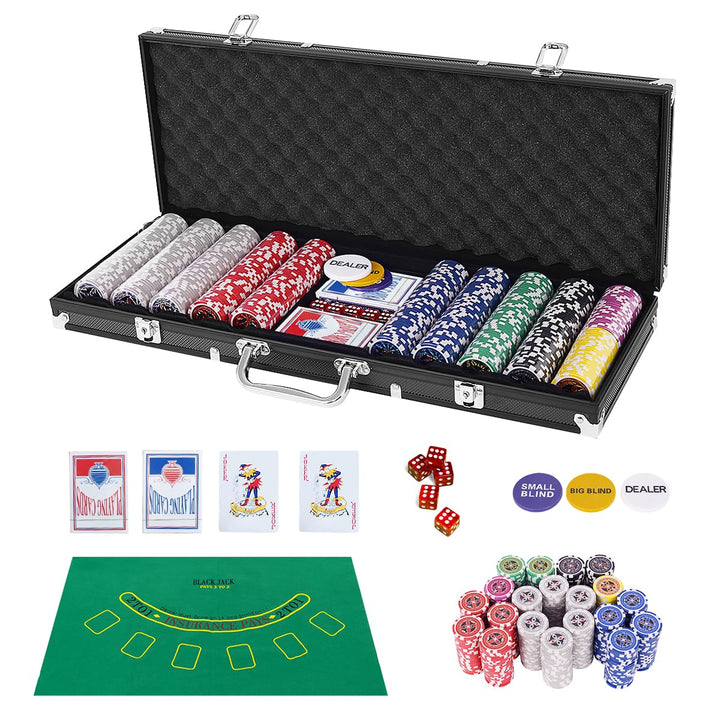 HOMASIS Pokerset mit 500 Chips, Alu Pokerkoffer mit 2 Kartendecks, 5 Würfeln, 3 Dealer Button & Matt