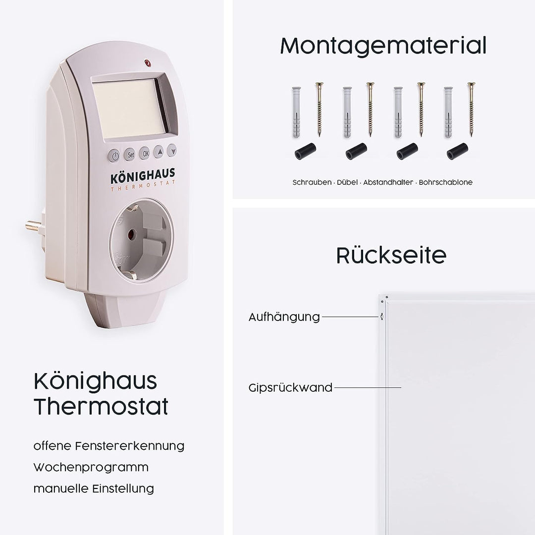 Infrarot Heizung mit Digitalthermostat 800 Watt Elektroheizung mit Stecker für Steckdose - 5 Jahre H