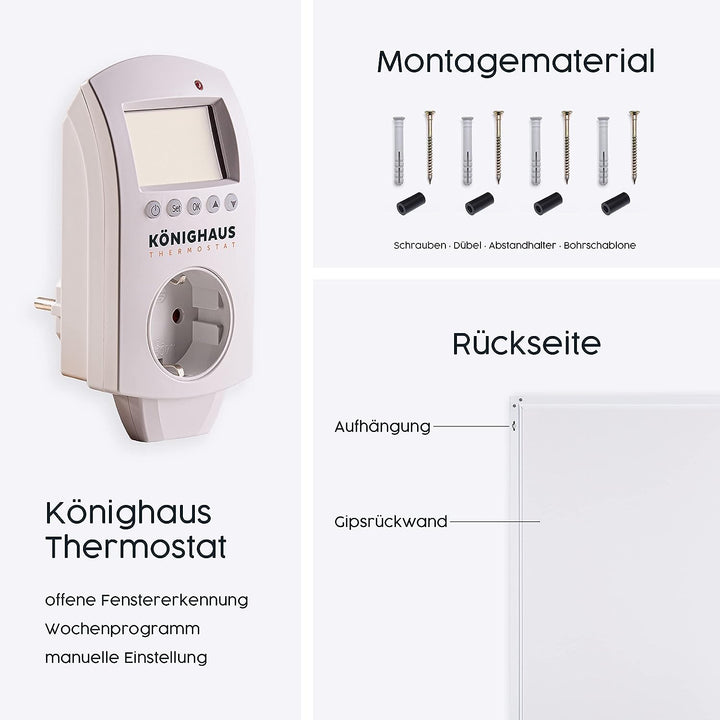 Infrarot Heizung mit Digitalthermostat 800 Watt Elektroheizung mit Stecker für Steckdose - 5 Jahre H