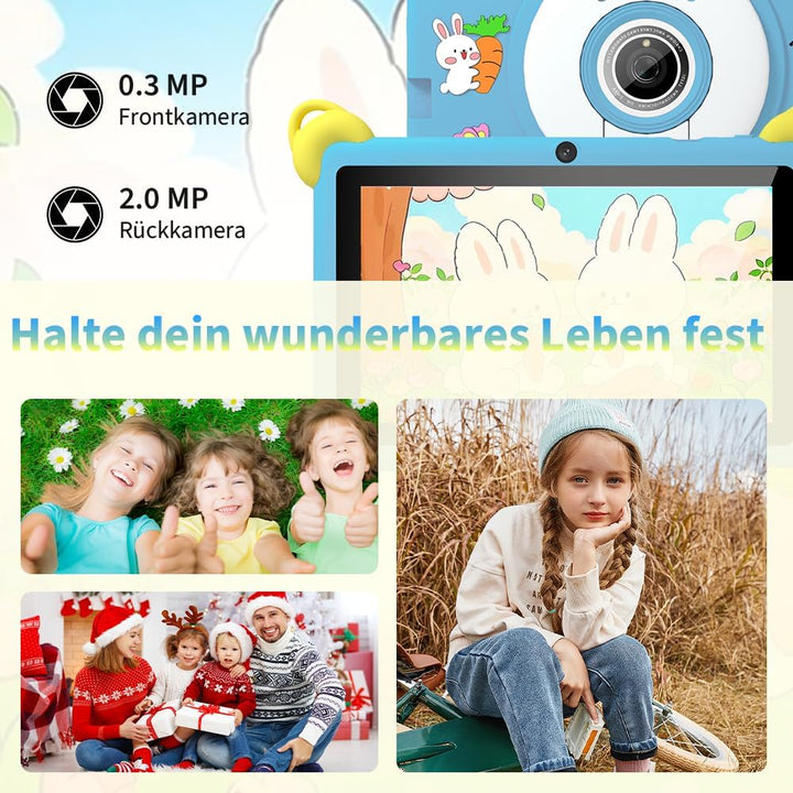 Veidoo 7-Zoll Android Kinder-Tablet, 2+32 GB, Dual-Kameras, stossfeste Hülle, integriertes Hasen-Stä