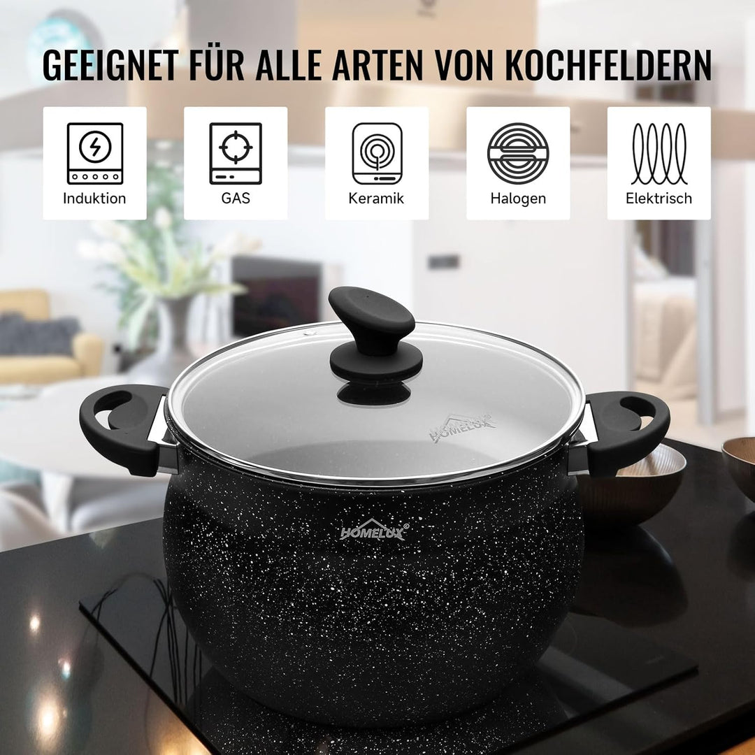Homelux Topfset mit Glasdeckel, 20cm,4L, 24cm,8L, 28cm,12.5L, Kochtopf Induktions Töpfe Set, mit Ant