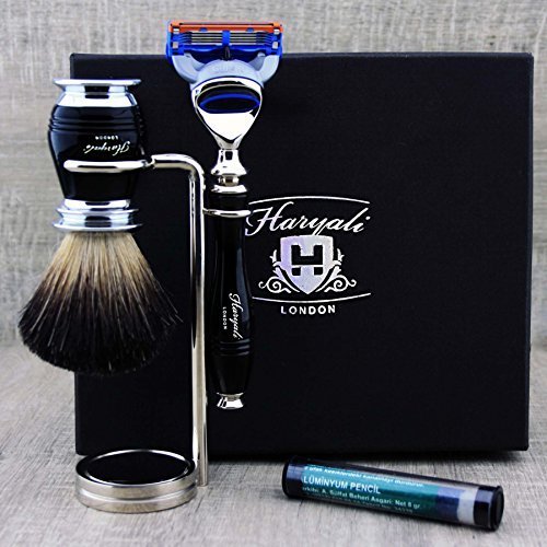 Haryali London Black Luxury Herren Rasierset 5 Edge Rasiermesser, Rasierpinsel, Rasierständer und Al