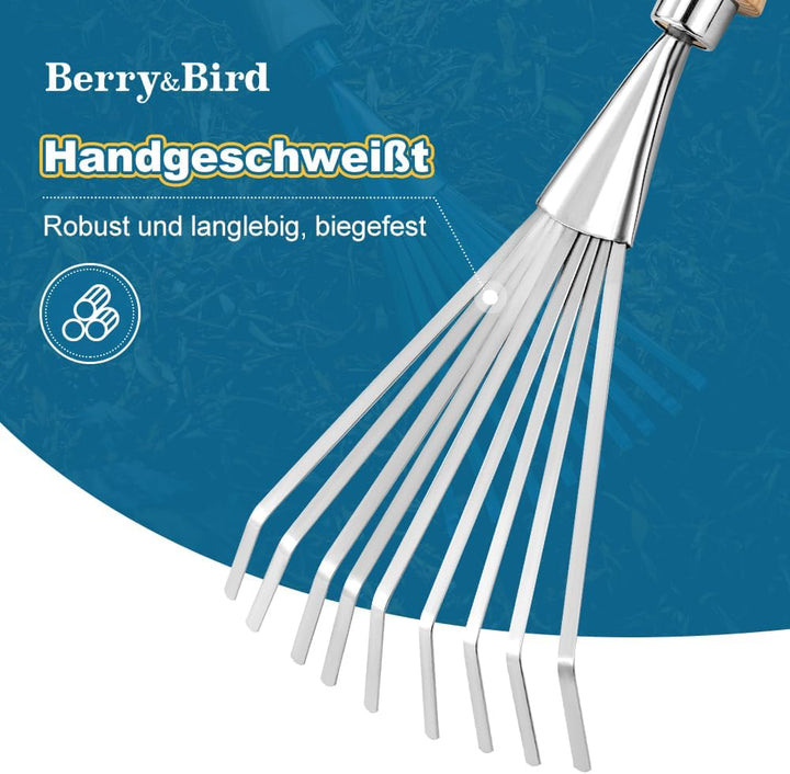 Berry&Bird Hand-Fächerbesen lang 63,2 cm - Rechen mit Stiel aus Eschenholz, Gartenwerkzeug mit 9 Fla