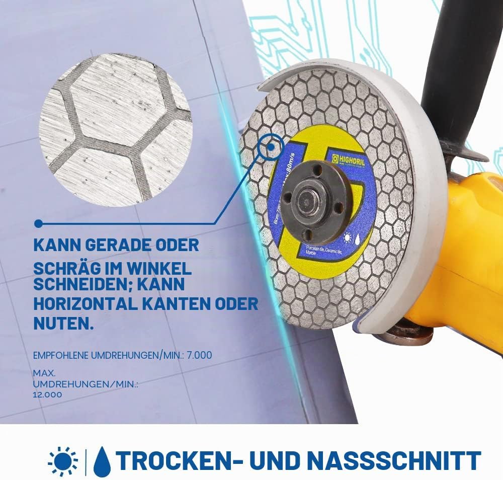 HIGHDRIL Diamant-Fliesensägeblatt – 125 mm Trenn- und Schleifscheibe für Porzellanfliesen, Granit, M