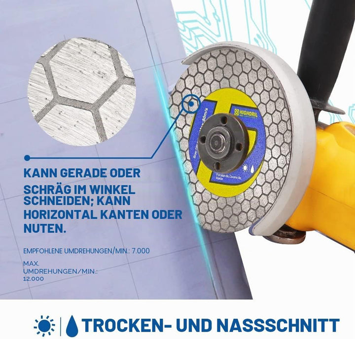 HIGHDRIL Diamant-Fliesensägeblatt – 125 mm Trenn- und Schleifscheibe für Porzellanfliesen, Granit, M