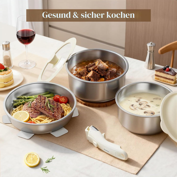 10Stk Topfsets Edelstahl Pfannenset mit Abnehmbaren Griffen, Pfanne 24cm, Topf 18/20cm, Stapelbar To
