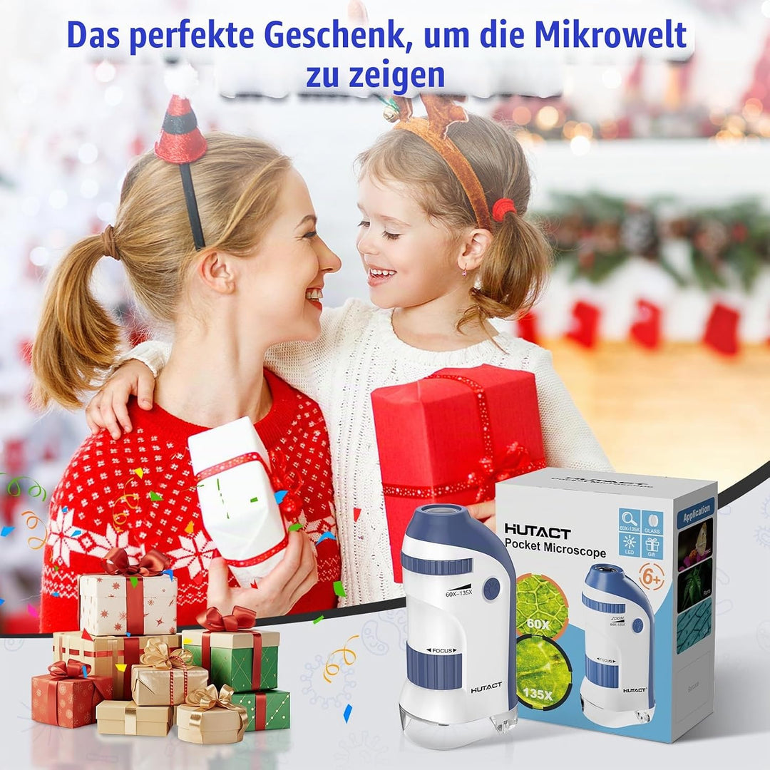 HUTACT Mini Mikroskop für Kinder mit Objektträger Set: 60x-135x LED Taschenmikroskop Tragbares Handm