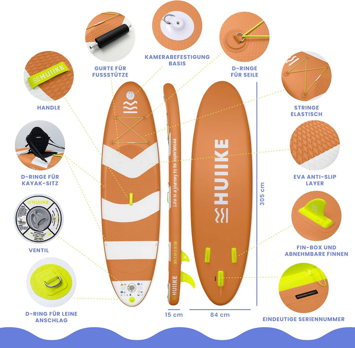 HUIIKE Stand Up Paddling Board mit Zubehör, Paddel, Finnen, Pumpe. Paddle Sup Board Aufblasbar Hohe