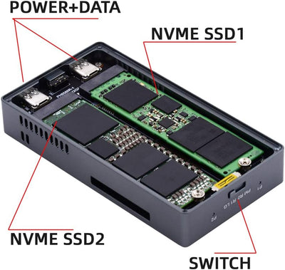 xiwai 20Gbps Dual NVME M.2 NGFF M-Key auf USB-C Typ-C Raid0 Raid1 JOBD Big Enclosure mit Lüfter Raid