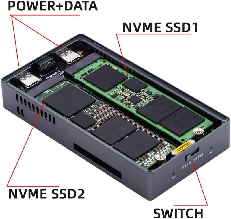 xiwai 20Gbps Dual NVME M.2 NGFF M-Key auf USB-C Typ-C Raid0 Raid1 JOBD Big Enclosure mit Lüfter Raid