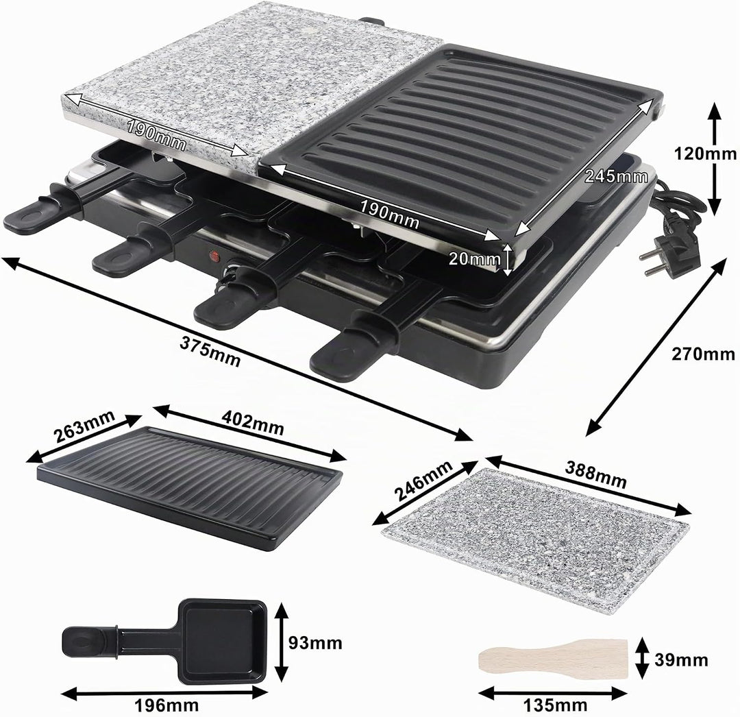 1400W Raclette Grill für 8 Personen Doppelstöckiger Tischgrill inkl. Antihaftbeschichtet, Steinplatt