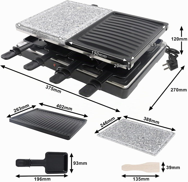 Raclette Grill für 8 Personen, Elektrischer Tischgrill 1400W, Antihaft-Racletteplatte, inkl. 8 Pfänn