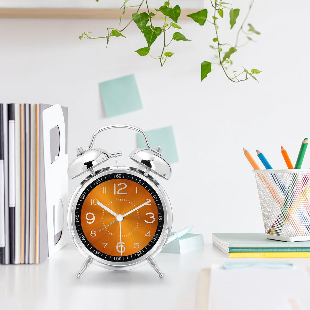 Lafocuse Doppelglockenwecker 16cm Analog Ohne Ticken, Metall Orange Wecker mit Grosses Zifferblatt,