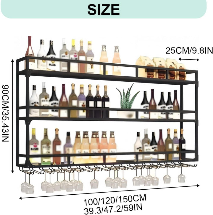 Weinregal Wand, 3 Ebenen Wand-Weinregale mit Glashalter, Multi funktionaler Weinpareite Display Rack