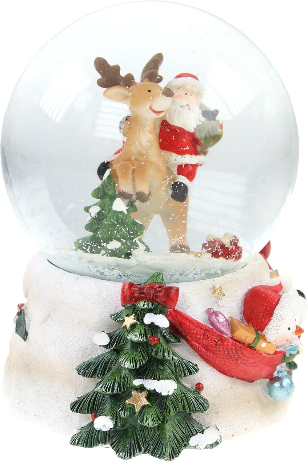 Schneekugel/Spieluhr 100mm mit Weihnachtsmann/Rentier– 14,5 cm Höhe, Mit Schneeflocken-Effekt und We