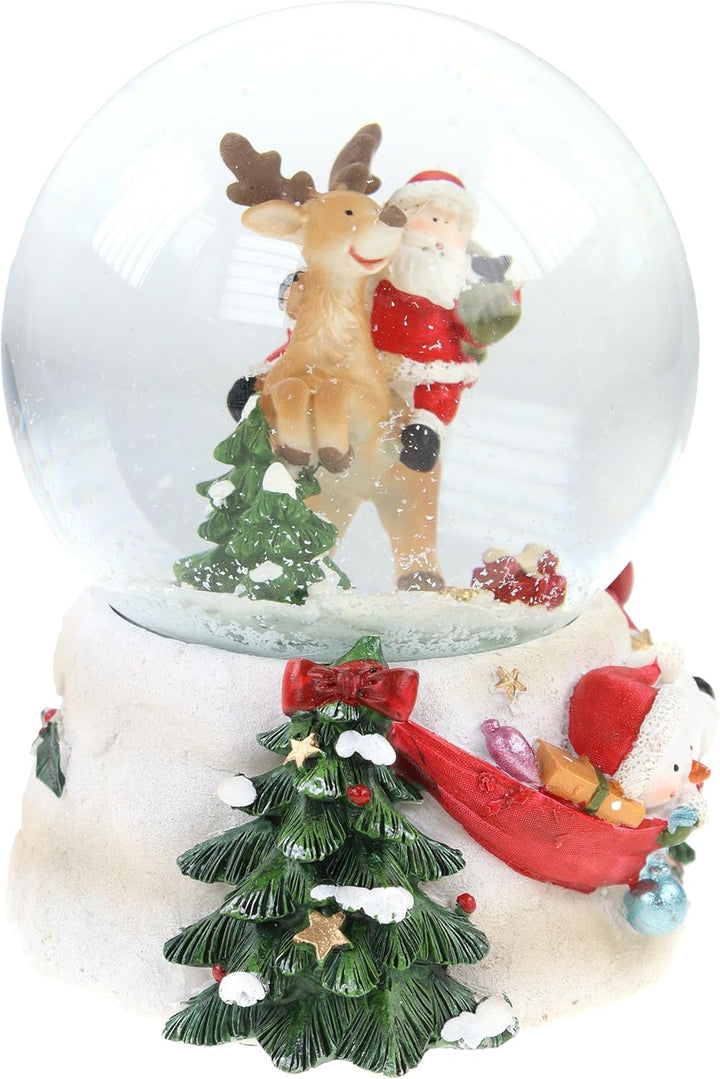 Schneekugel/Spieluhr 100mm mit Weihnachtsmann/Rentier– 14,5 cm Höhe, Mit Schneeflocken-Effekt und We