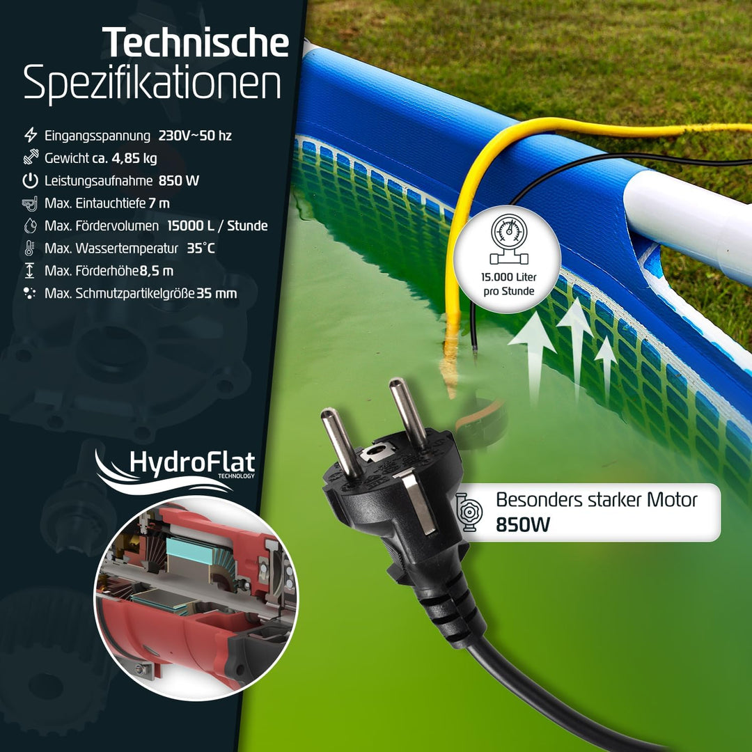 Belko® HydroFlat Vario Pro 850W – Flachsaugend bis 1 mm, 15.000 l/h, Edelstahlgehäuse, Schwimmerscha