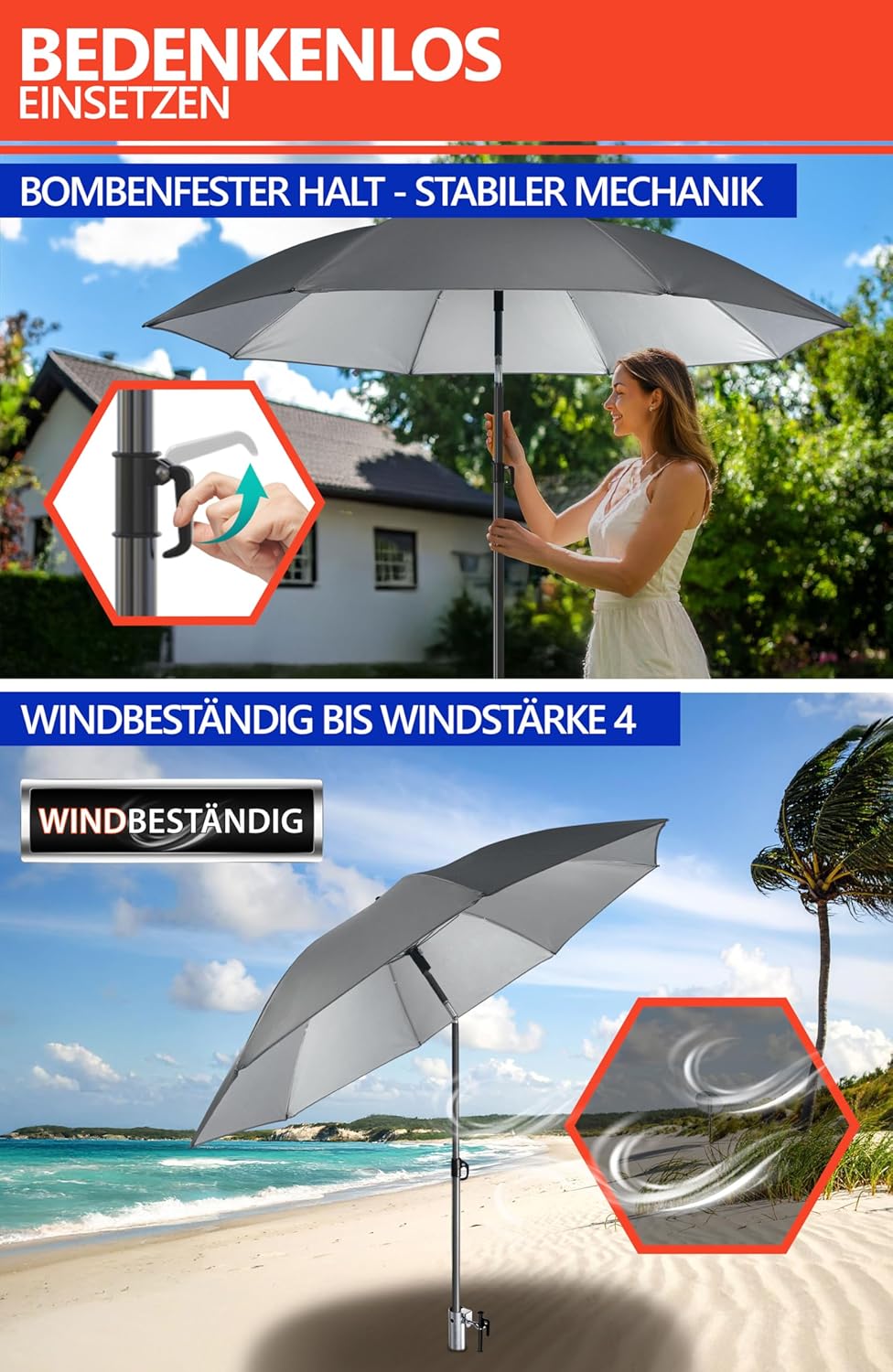 4smile Sonnenschirm Strand Set 3-in-1, Ø 180 cm Strandschirm Windfest Stabil mit Schirmhülle & Eindr