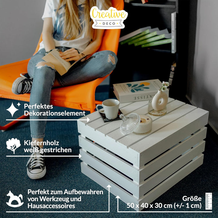 Creative Deco 3 x Grosse Holzkiste Weiss | 50 x 40 x 30 cm | Weinkisten Set Obstkiste Holz | Geschli
