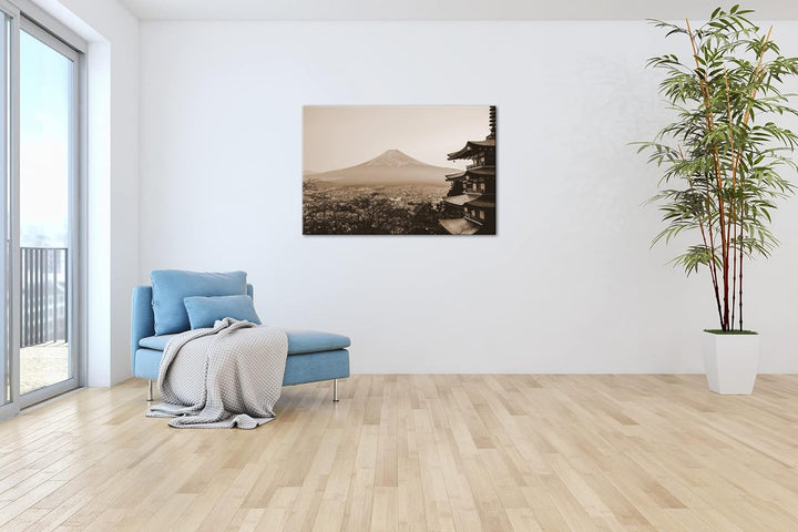 der mit Schnee bedeckte Fuji Berg aus Japan Effekt: Sepia, Format: 80x60 als Leinwandbild, Motiv fer
