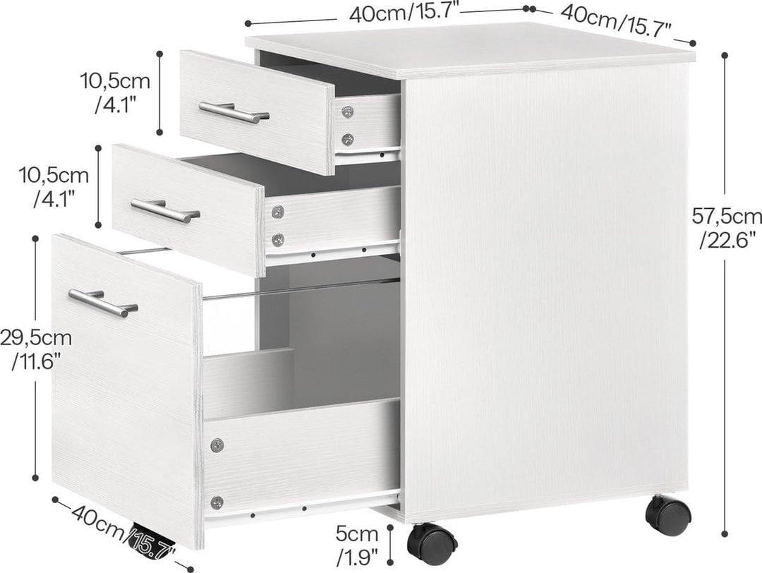 Rollcontainer mit 3 Schubladen, Aktenschrank auf Rollen für Büro & Home Office (Weiss), Weiss