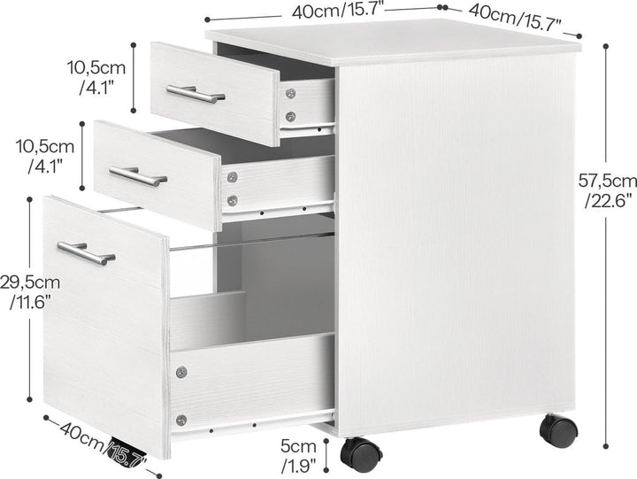 Rollcontainer mit 3 Schubladen, Aktenschrank auf Rollen für Büro & Home Office (Weiss), Weiss