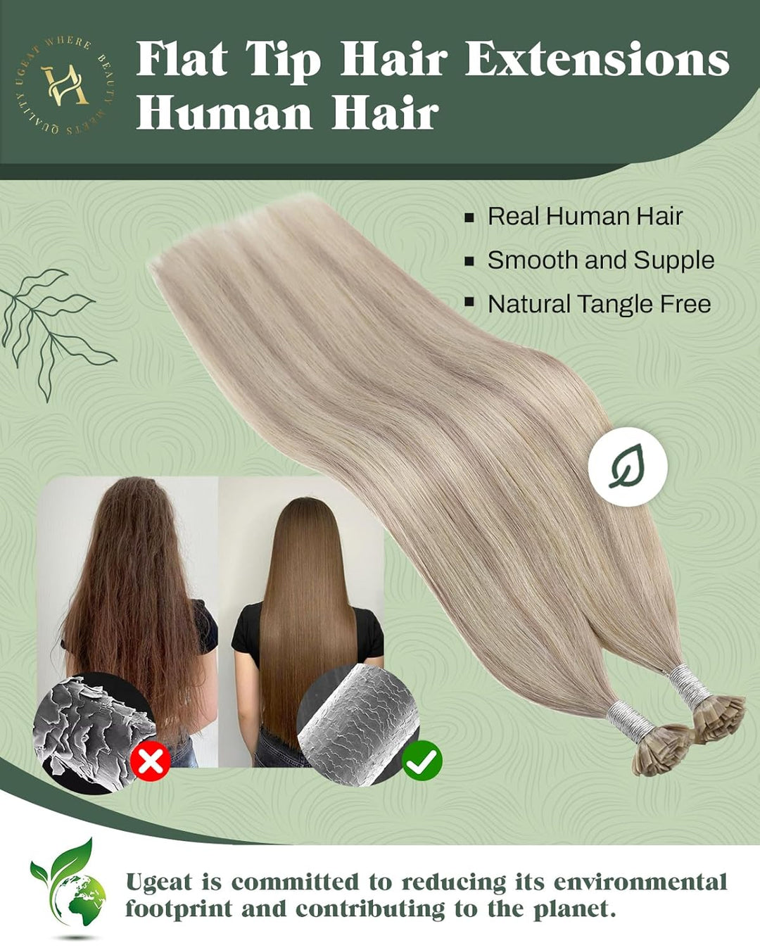 Ugeat Keratin Extensions Echthaar Flat Tip 45cm Keratin Haarverlängerung Echthaar Gesträhnt Aschblon