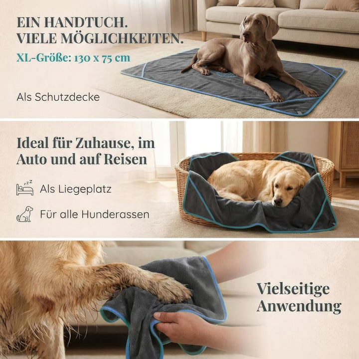 HUND IST KÖNIG® Hundehandtuch extra saugfähig - Hunde Handtuch saugstark aus Mikrofaser mit 4 Eingri