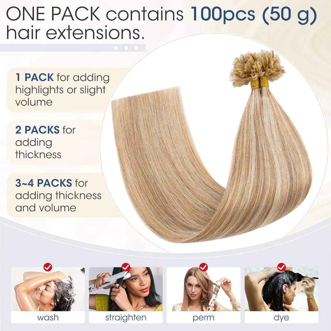 Elailite U-Tip Echthaar Bonding Extensions Keratin Haarverlängerung Haar Glatt 100 Strähnen 50g 24"/