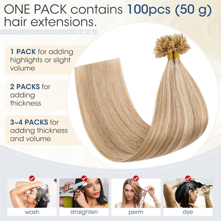 Elailite U-Tip Echthaar Bonding Extensions Keratin Haarverlängerung Haar Glatt 100 Strähnen 50g 24"/