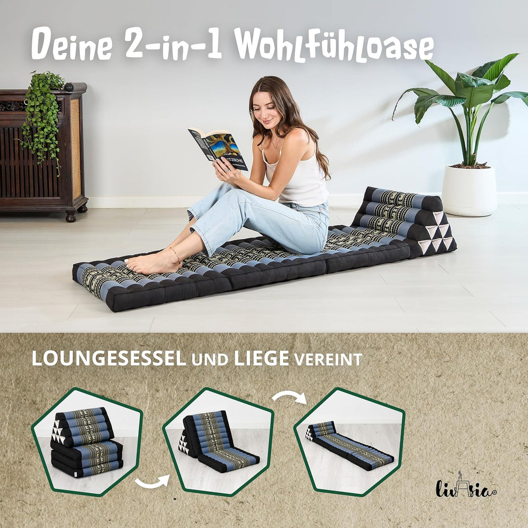 livasia Thaikissen mit 3 Auflagen, Dreieckskissen mit Klappmatratze, Keilkissen Kapok, Rückenkissen