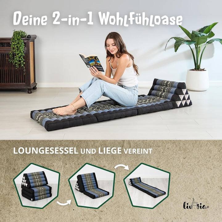 livasia Thaikissen mit 3 Auflagen, Dreieckskissen mit Klappmatratze, Keilkissen Kapok, Rückenkissen