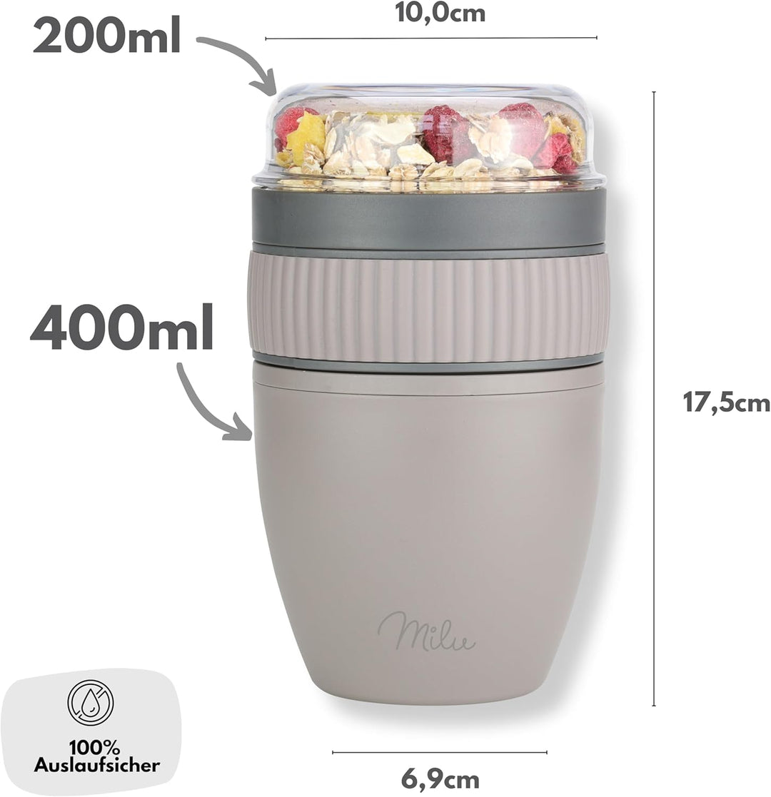 Milu Müslibecher to go 400ml MüsliMax Plastik Joghurtbecher für Müsli I auslaufsicherer Becher mit L