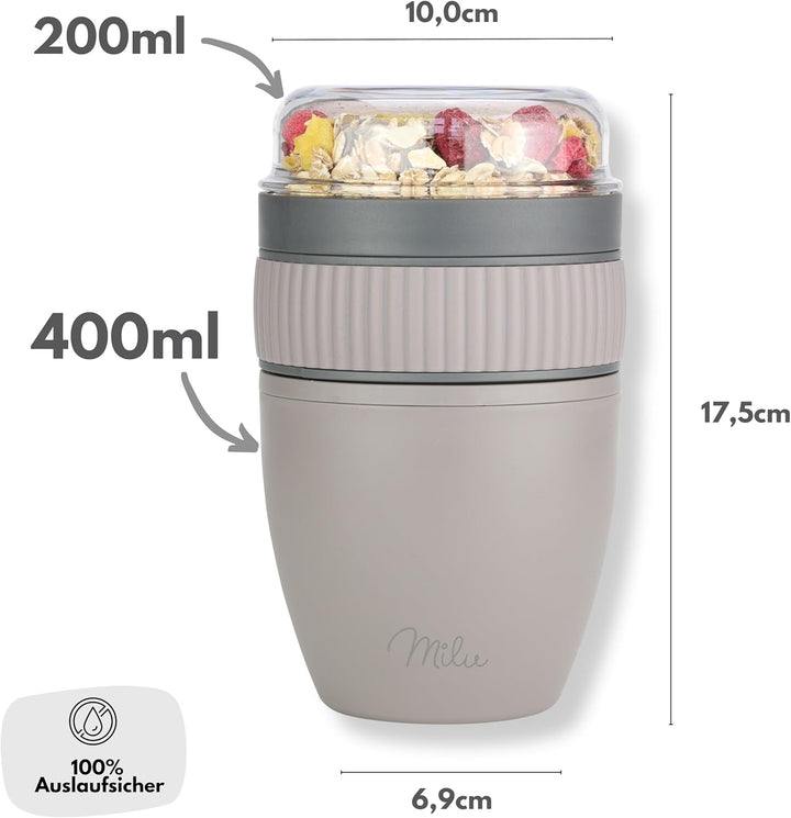 Milu Müslibecher to go 400ml MüsliMax Plastik Joghurtbecher für Müsli I auslaufsicherer Becher mit L
