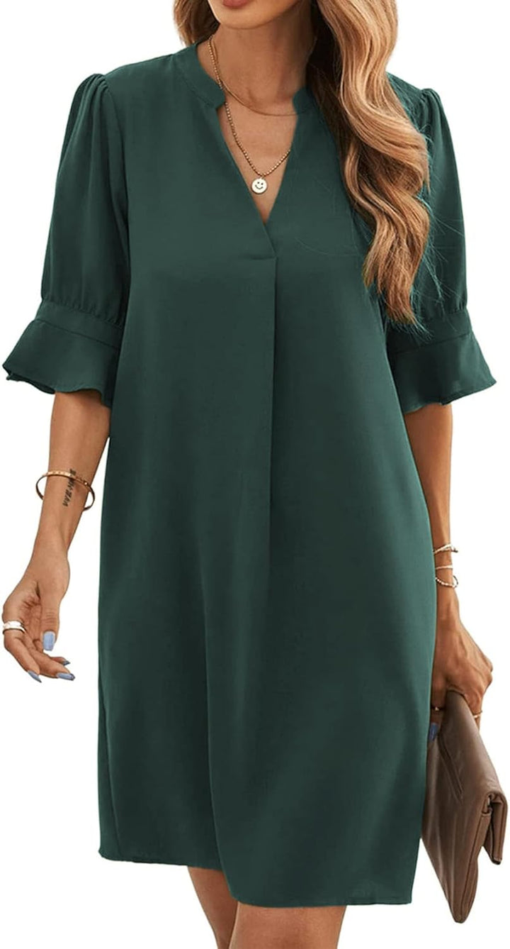 Famulily Frauen V-Ausschnitt Halbarm Hemdkleid Elegant Sommer Casual Einfarbig Kurzes Kleid S-XXL M
