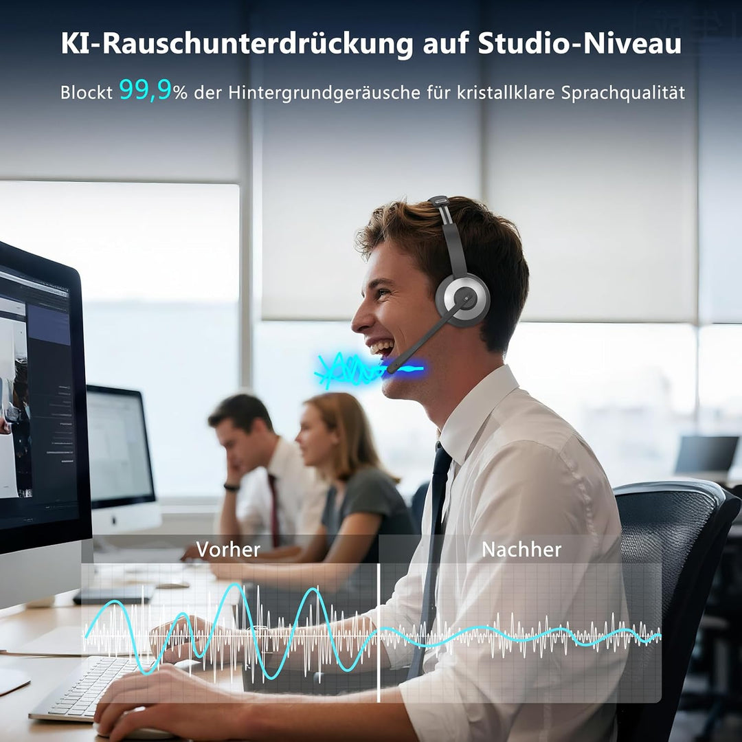 Bluetooth Headset mit Mikrofon, Kabelloses Office Headset mit ENC Mikrofon Black/Grey, Black/Grey