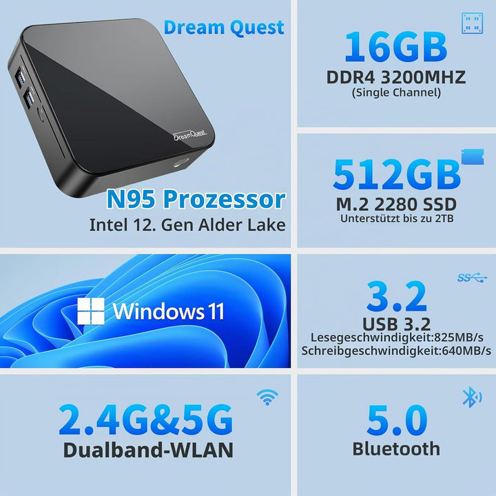 DreamQuest Mini PC Windows 11 Pro Vorinstalliert 16GB RAM 512GB SSD Intel N95 (bis zu 3.4Ghz) Micro