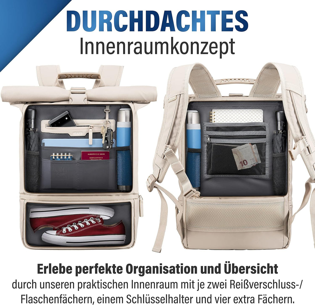 HEAVER® Rolltop Rucksack Damen & Herren, Rucksack mit Laptopfach, Uni Rucksack Damen, Rollrucksack D