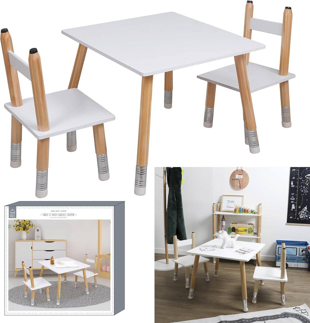 HOME DECO FACTORY Stehsammler Pappe Set 5-teilig Bunt | Kindertisch und 2 Stühle aus MDF-Holz, Bleis