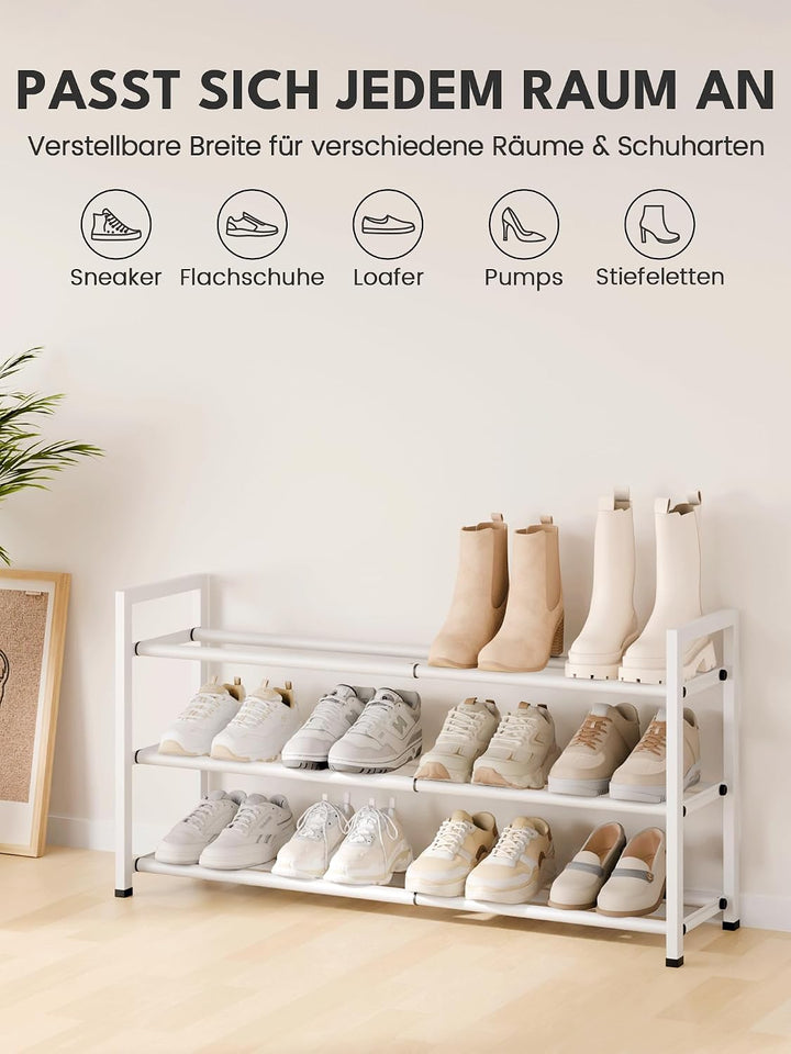 Bumusty Schuhregal 3 Etagen Ausziehbar, 45 bis 83 cm Verstellbar Metall Schuhablage, für kleine Räum