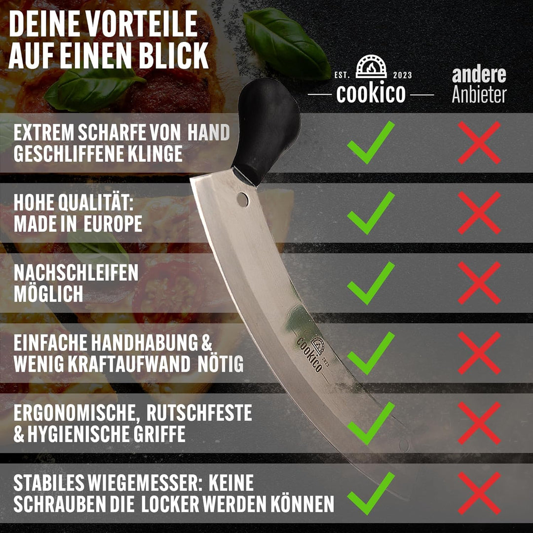Pizzaschneider 30cm gross mit ergonomischen Handgriffen & Klingenschutz – Profi Wiegemesser für Pizz