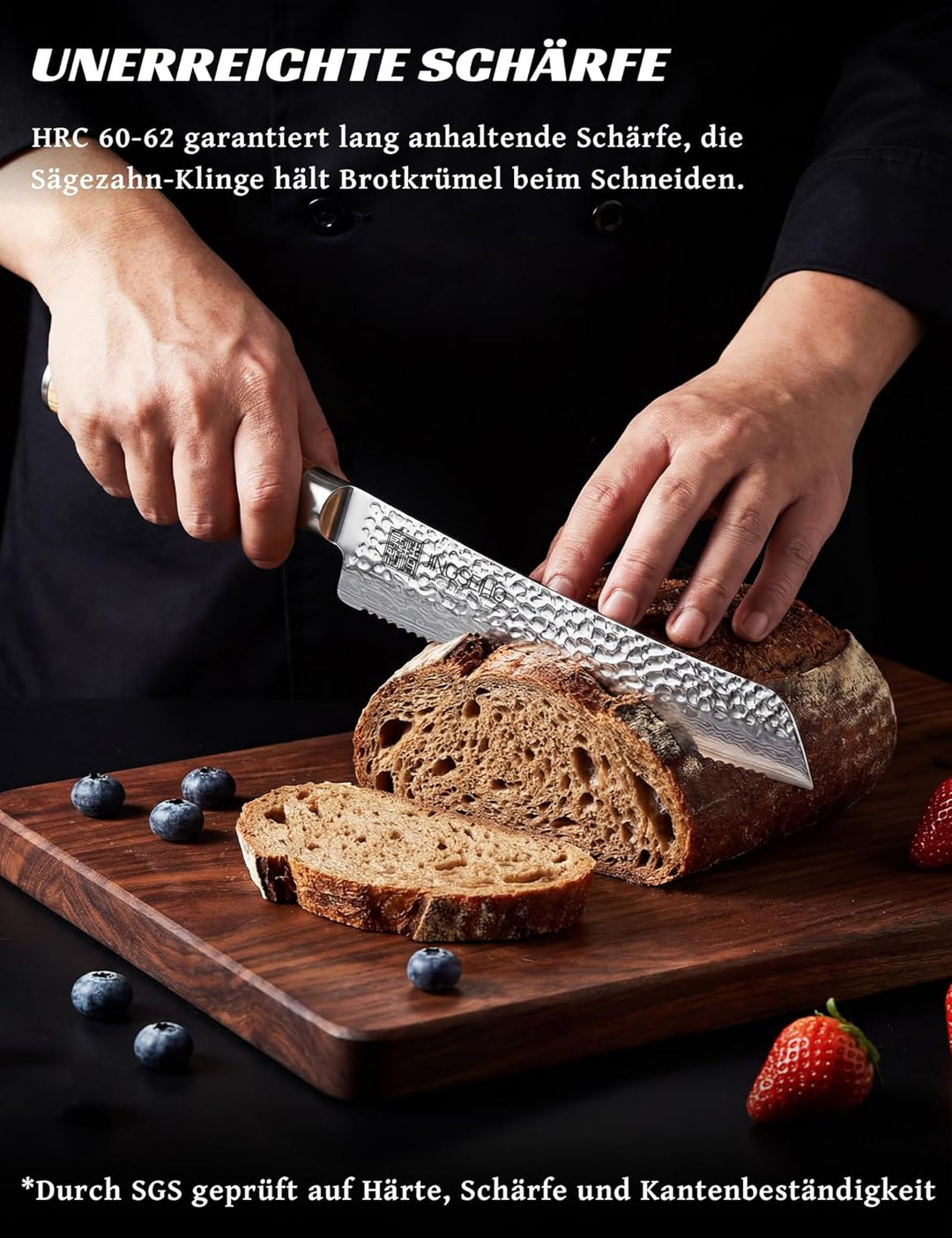 Japanisches Brotmesser Wellenschliff 20 cm, VG-10 Damaststahl-Klinge mit Extra Langer Schärfe, Perfe
