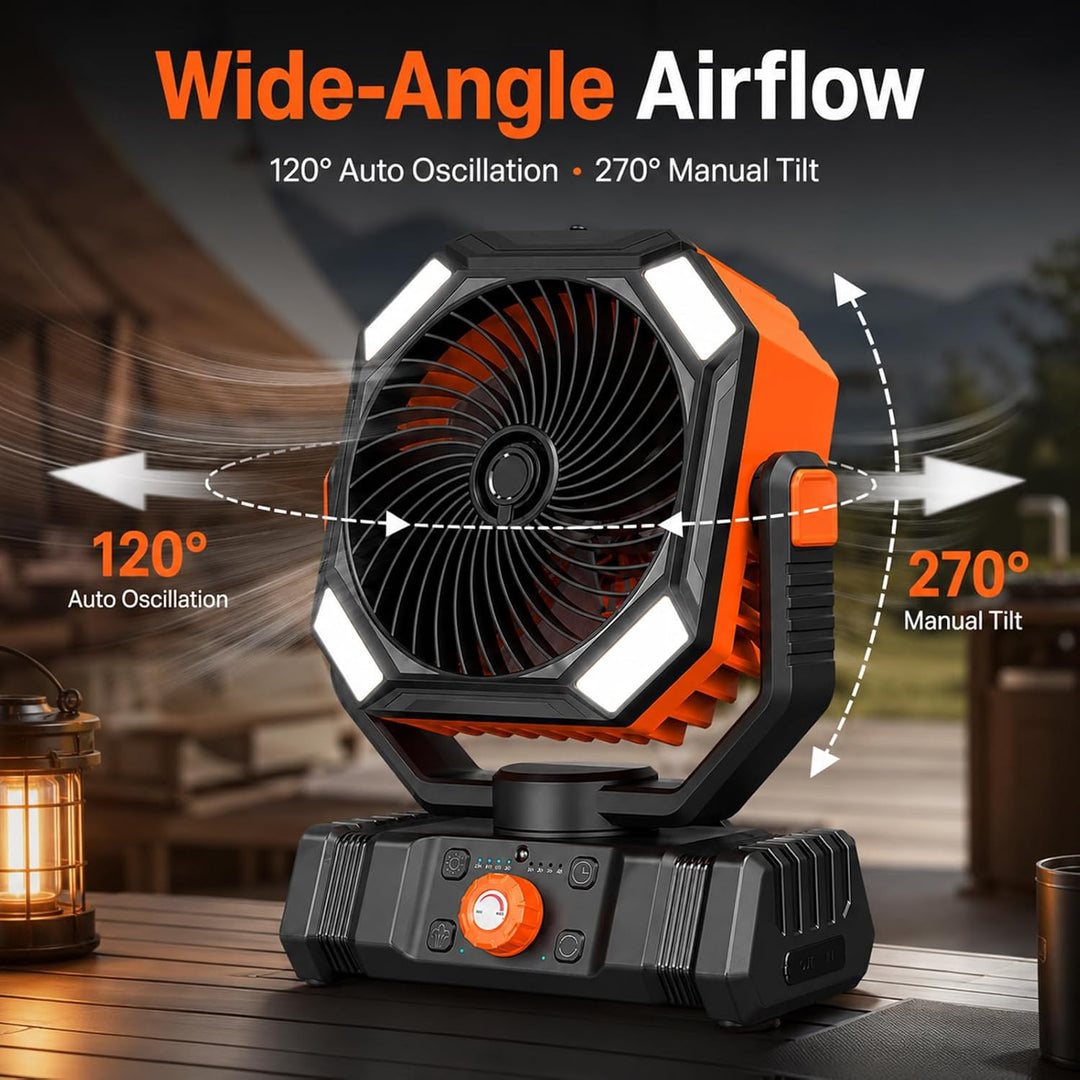 Camping Ventilator mit LED Laterne, 10000mAh Akku Outdoor Ventilator mit Sprühfunktion, Tragbarer Ve