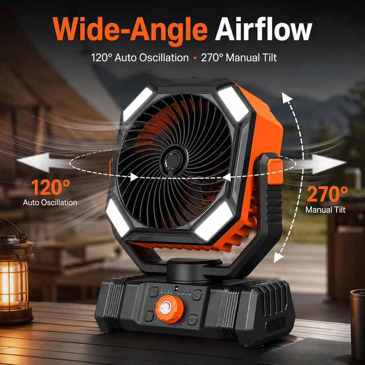 Camping Ventilator mit LED Laterne, 10000mAh Akku Outdoor Ventilator mit Sprühfunktion, Tragbarer Ve