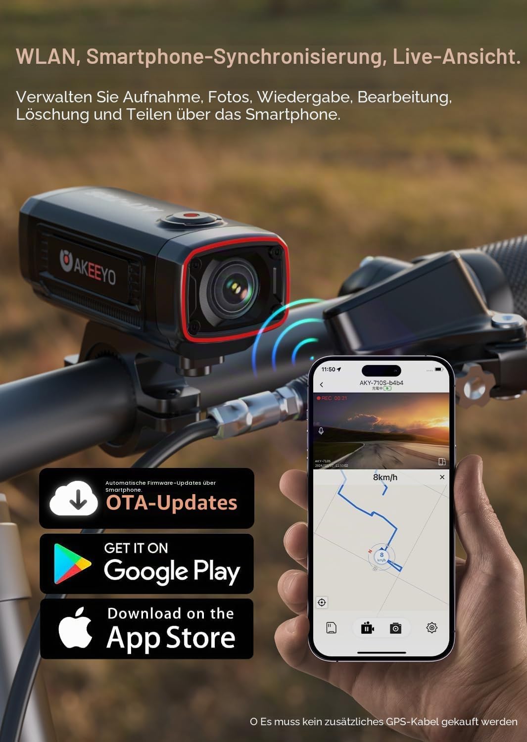 AKY-710S Fahrradkamera mit Halterung, 4K 28fps, 2K 55fps, Weitwinkel 142°, IP67, 5MP, Schleifen- und