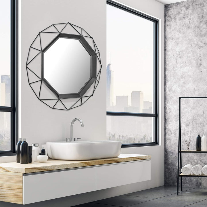 Stonebriar Decorative 28" Geometric Metal Frame Hanging Wall Mirror with Mounting Brackets, Black Sc