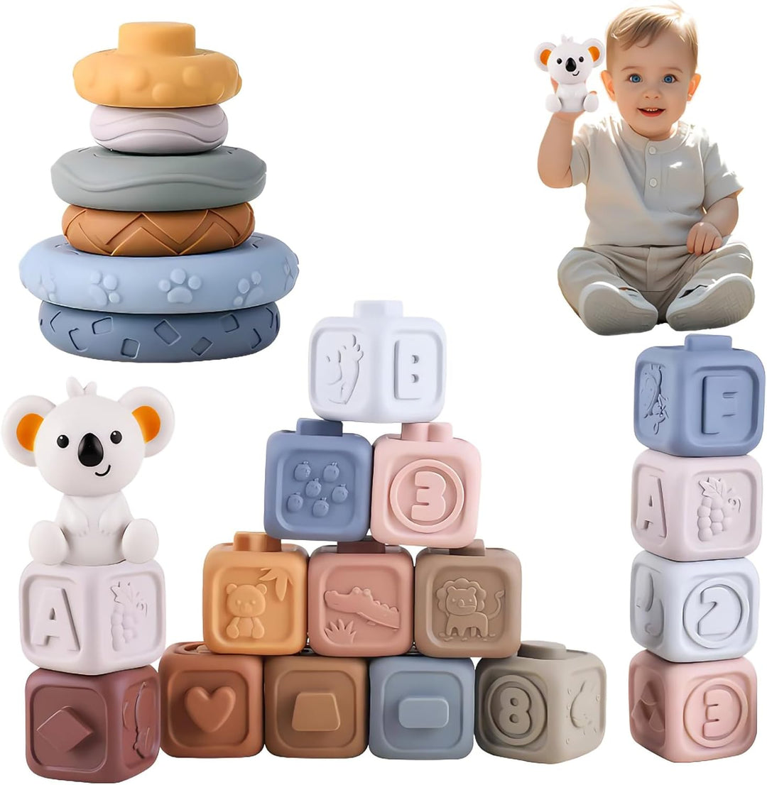 2-in-1 weiche Stapelblöcke und Ringe, Montessori-Sensorikspielzeug für Babys 6 12 18 Monate, Essenti