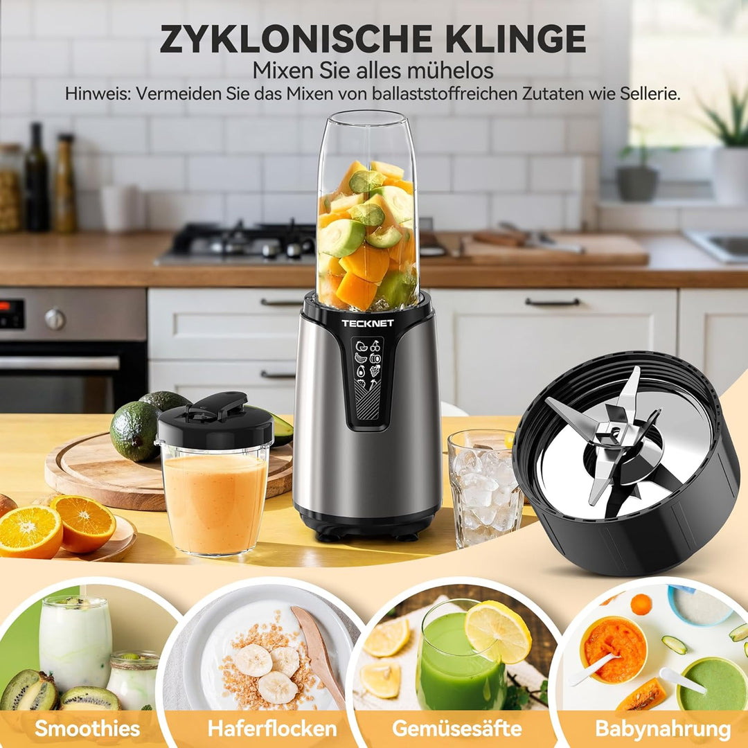 TECKNET 1000W Smoothie Maker, Smoothie Mixer mit 2 BPA-freie Becher (500ml&150ml), Standmixer Klein