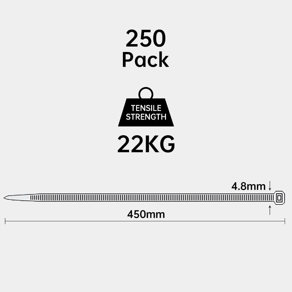 Oksdown Kabelbinder Schwarz 450mm × 4,8mm UV Beständig Nylon mit 22 kg Zugfestigkeit Extra lang Star
